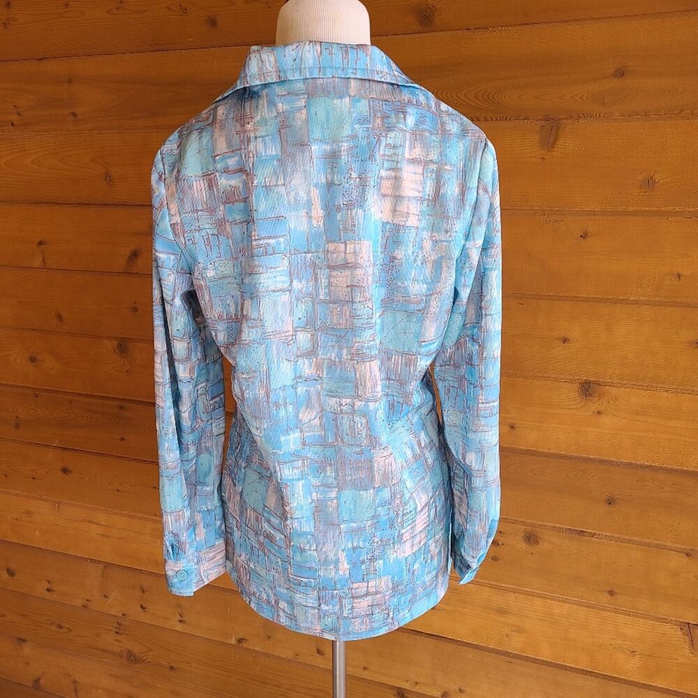 Vintage Blouse Top 70's MCM Blue Art Deco Retro Button Down Collared Shirt USA - Picture 4 of 4